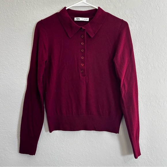 Zara Women's Long Sleeve Polo Sweater - Burgundy - Picture 2 of 5